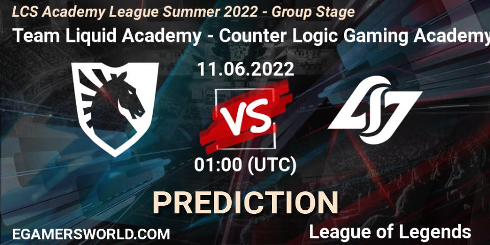 Prognose für das Spiel Team Liquid Academy VS Counter Logic Gaming Academy. 11.06.2022 at 00:00. LoL - LCS Academy League Summer 2022 - Group Stage