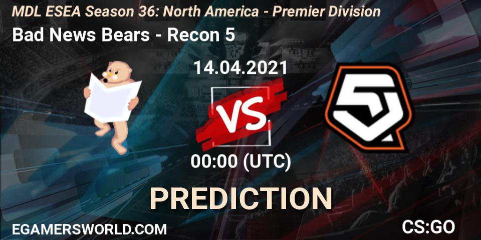 Prognose für das Spiel Bad News Bears VS Recon 5. 14.04.2021 at 00:00. Counter-Strike (CS2) - MDL ESEA Season 36: North America - Premier Division