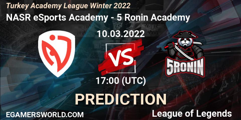 Prognose für das Spiel NASR eSports Academy VS 5 Ronin Academy. 10.03.2022 at 17:00. LoL - Turkey Academy League Winter 2022