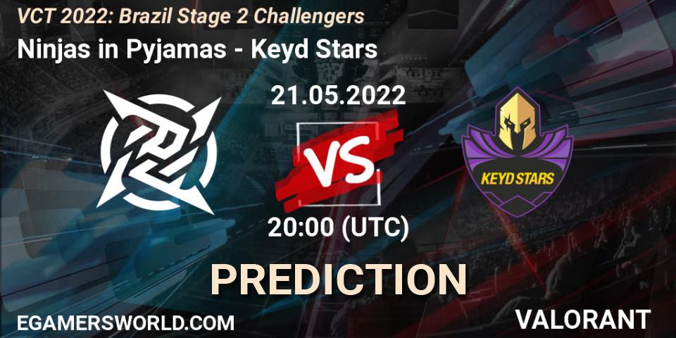 Prognose für das Spiel Ninjas in Pyjamas VS Keyd Stars. 21.05.2022 at 20:15. VALORANT - VCT 2022: Brazil Stage 2 Challengers