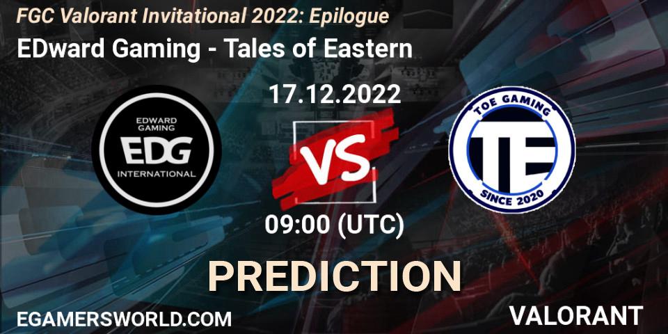 Prognose für das Spiel EDward Gaming VS Tales of Eastern. 19.12.2022 at 09:00. VALORANT - FGC Valorant Invitational 2022: Epilogue