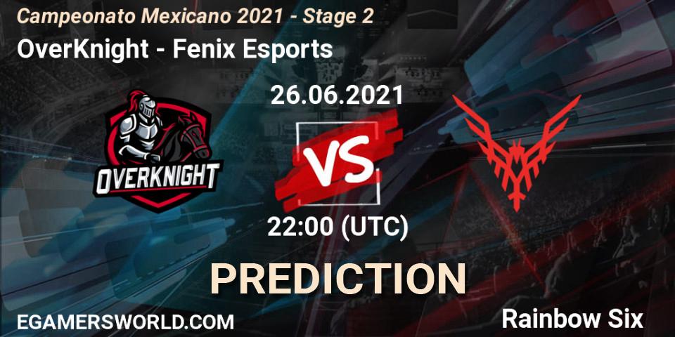 Prognose für das Spiel OverKnight VS Fenix Esports. 27.06.2021 at 00:00. Rainbow Six - Campeonato Mexicano 2021 - Stage 2
