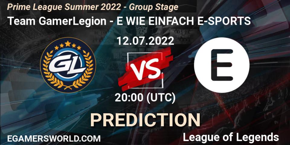 Prognose für das Spiel Team GamerLegion VS E WIE EINFACH E-SPORTS. 12.07.2022 at 20:00. LoL - Prime League Summer 2022 - Group Stage