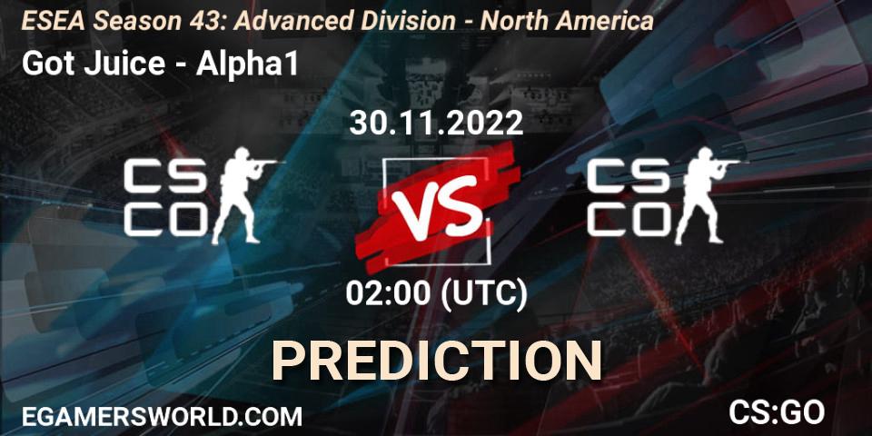 Prognose für das Spiel Got Juice VS Alpha1. 30.11.22. CS2 (CS:GO) - ESEA Season 43: Advanced Division - North America