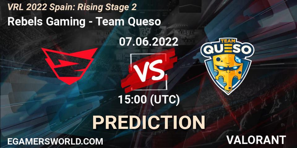 Prognose für das Spiel Rebels Gaming VS Team Queso. 07.06.2022 at 15:20. VALORANT - VRL 2022 Spain: Rising Stage 2