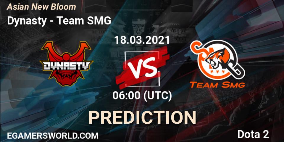 Prognose für das Spiel Dynasty VS Team SMG. 18.03.2021 at 06:09. Dota 2 - Asian New Bloom