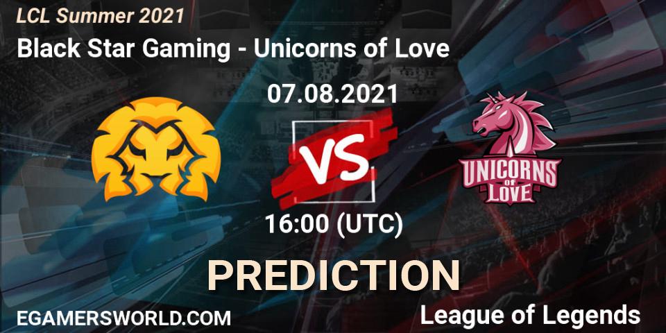 Prognose für das Spiel Black Star Gaming VS Unicorns of Love. 07.08.21. LoL - LCL Summer 2021