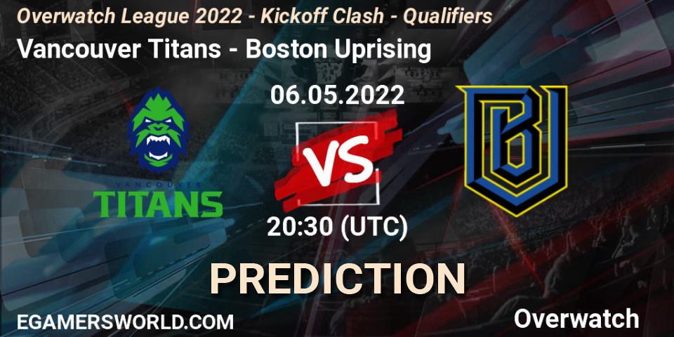 Prognose für das Spiel Vancouver Titans VS Boston Uprising. 06.05.2022 at 20:30. Overwatch - Overwatch League 2022 - Kickoff Clash - Qualifiers