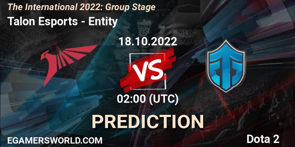 Prognose für das Spiel Talon Esports VS Entity. 18.10.2022 at 02:01. Dota 2 - The International 2022: Group Stage