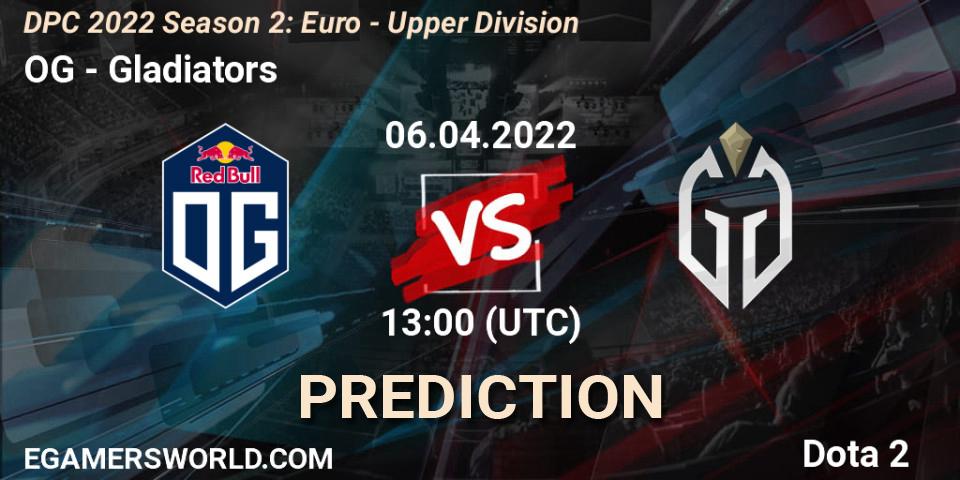 Prognose für das Spiel OG VS Gladiators. 06.04.2022 at 12:55. Dota 2 - DPC 2021/2022 Tour 2 (Season 2): WEU (Euro) Divison I (Upper) - DreamLeague Season 17