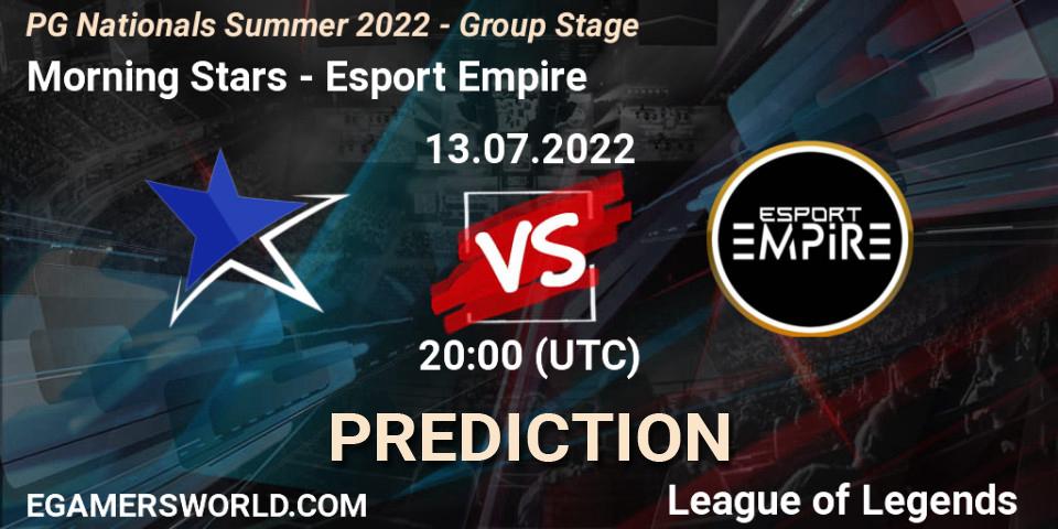 Prognose für das Spiel Morning Stars VS Esport Empire. 13.07.2022 at 20:00. LoL - PG Nationals Summer 2022 - Group Stage