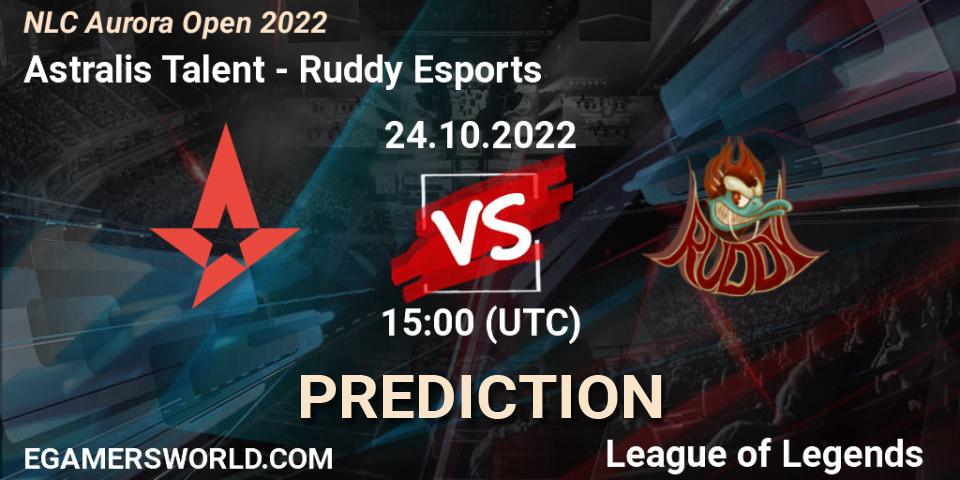 Prognose für das Spiel Astralis Talent VS Ruddy Esports. 24.10.2022 at 15:00. LoL - NLC Aurora Open 2022