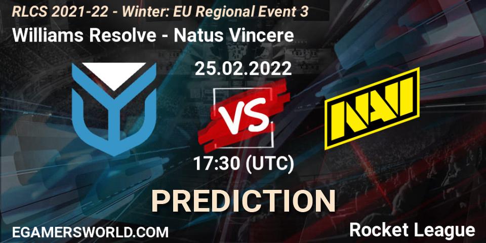 Prognose für das Spiel Williams Resolve VS Natus Vincere. 25.02.2022 at 17:30. Rocket League - RLCS 2021-22 - Winter: EU Regional Event 3