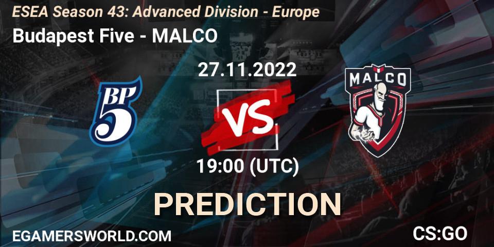 Prognose für das Spiel Budapest Five VS MALCO. 27.11.22. CS2 (CS:GO) - ESEA Season 43: Advanced Division - Europe