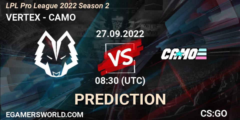 Prognose für das Spiel VERTEX VS CAMO. 27.09.2022 at 08:40. Counter-Strike (CS2) - LPL Pro League 2022 Season 2