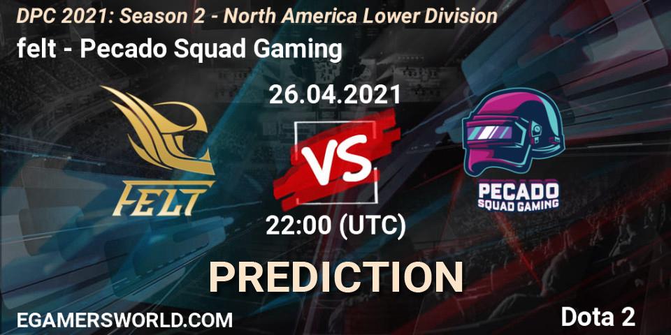 Prognose für das Spiel felt VS Pecado Squad Gaming. 26.04.21. Dota 2 - DPC 2021: Season 2 - North America Lower Division