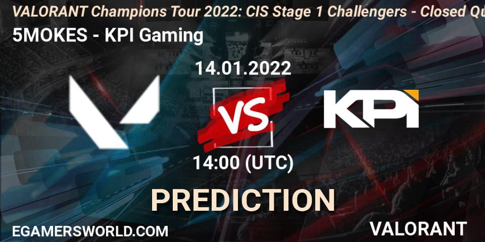 Prognose für das Spiel 5MOKES VS KPI Gaming. 14.01.2022 at 14:00. VALORANT - VCT 2022: CIS Stage 1 Challengers - Closed Qualifier 1