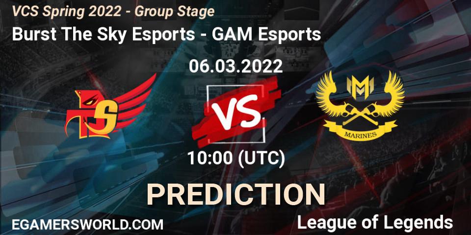 Prognose für das Spiel Burst The Sky Esports VS GAM Esports. 06.03.2022 at 10:00. LoL - VCS Spring 2022 - Group Stage 