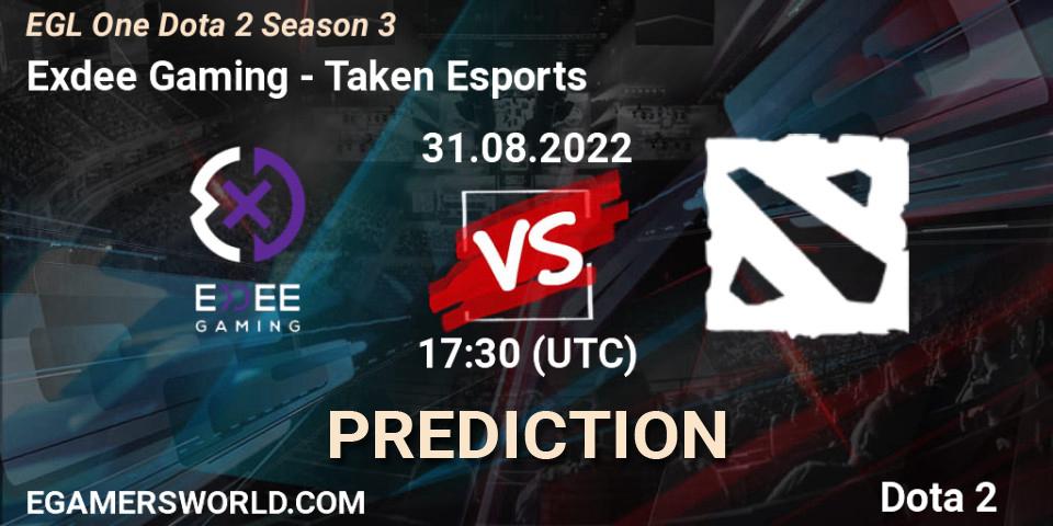 Prognose für das Spiel Exdee Gaming VS Taken Esports. 31.08.2022 at 17:34. Dota 2 - EGL One Dota 2 Season 3