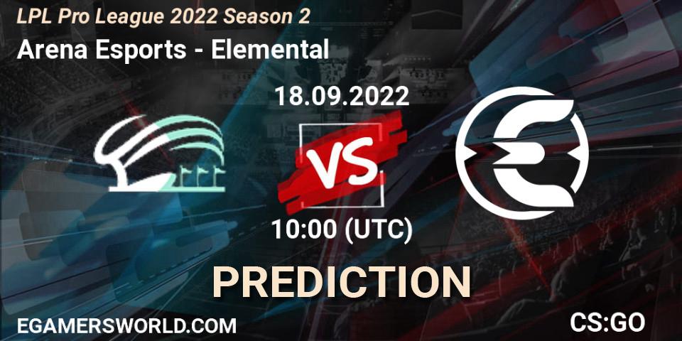 Prognose für das Spiel Arena Esports VS Elemental. 18.09.2022 at 10:00. Counter-Strike (CS2) - LPL Pro League 2022 Season 2