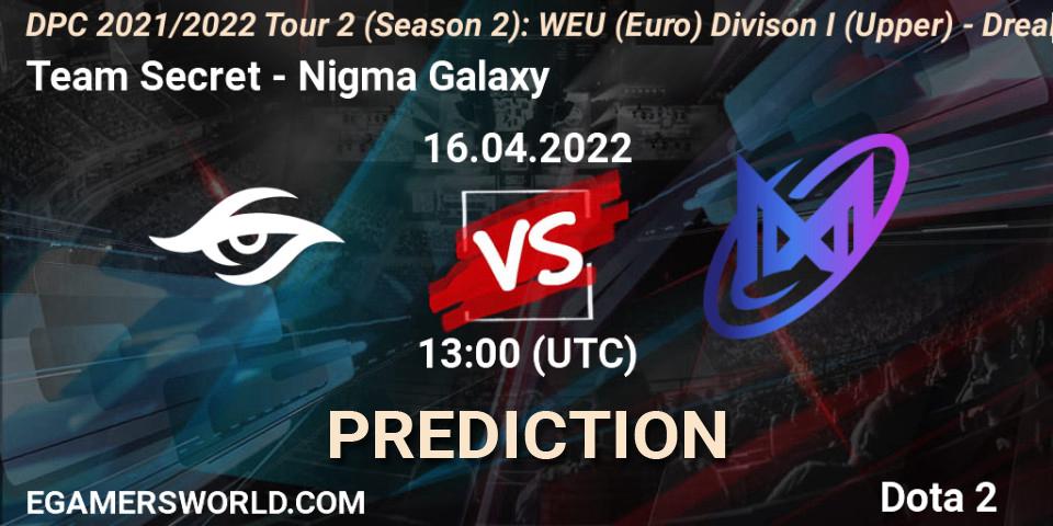 Prognose für das Spiel Team Secret VS Nigma Galaxy. 16.04.2022 at 12:57. Dota 2 - DPC 2021/2022 Tour 2 (Season 2): WEU (Euro) Divison I (Upper) - DreamLeague Season 17