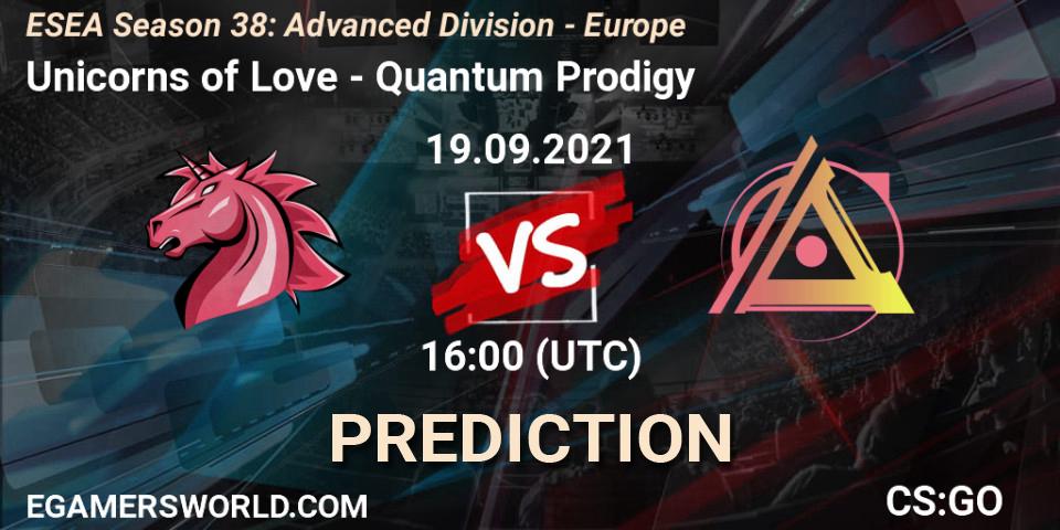 Prognose für das Spiel Unicorns of Love VS Quantum Prodigy. 19.09.2021 at 16:00. Counter-Strike (CS2) - ESEA Season 38: Advanced Division - Europe