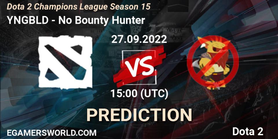 Prognose für das Spiel YNGBLD VS No Bounty Hunter. 27.09.2022 at 15:16. Dota 2 - Dota 2 Champions League Season 15