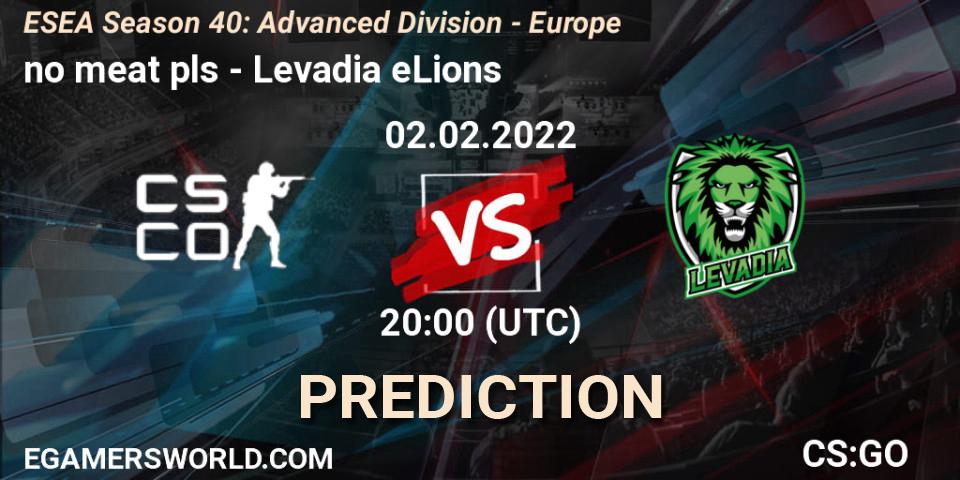 Prognose für das Spiel no meat pls VS Levadia eLions. 02.02.2022 at 20:00. Counter-Strike (CS2) - ESEA Season 40: Advanced Division - Europe