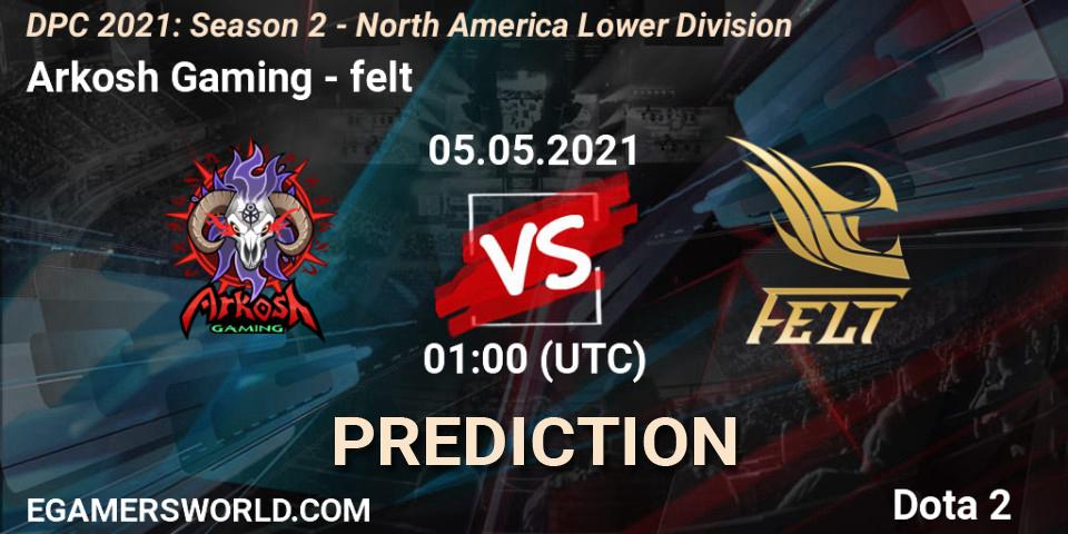 Prognose für das Spiel Arkosh Gaming VS felt. 05.05.2021 at 01:07. Dota 2 - DPC 2021: Season 2 - North America Lower Division