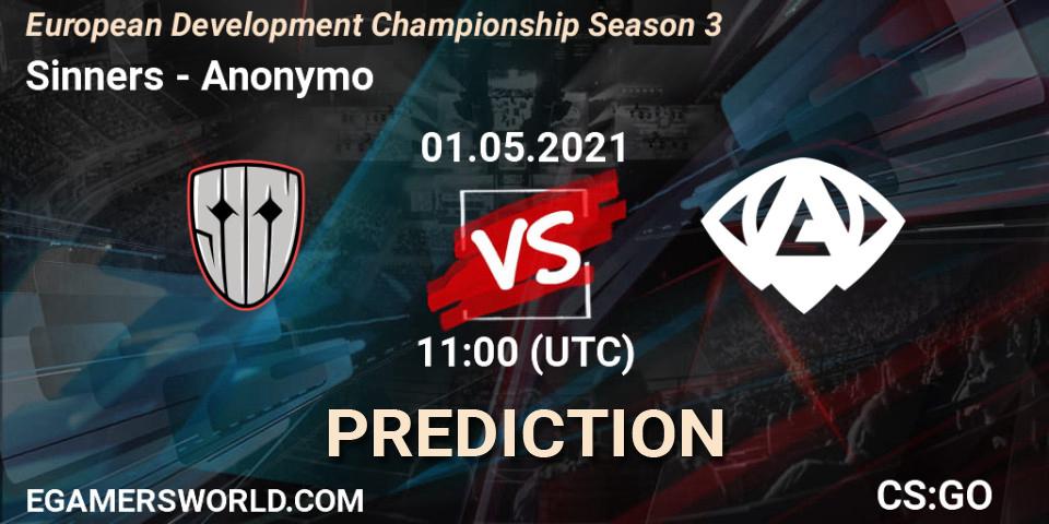 Prognose für das Spiel Sinners VS Anonymo. 01.05.2021 at 14:15. Counter-Strike (CS2) - European Development Championship Season 3