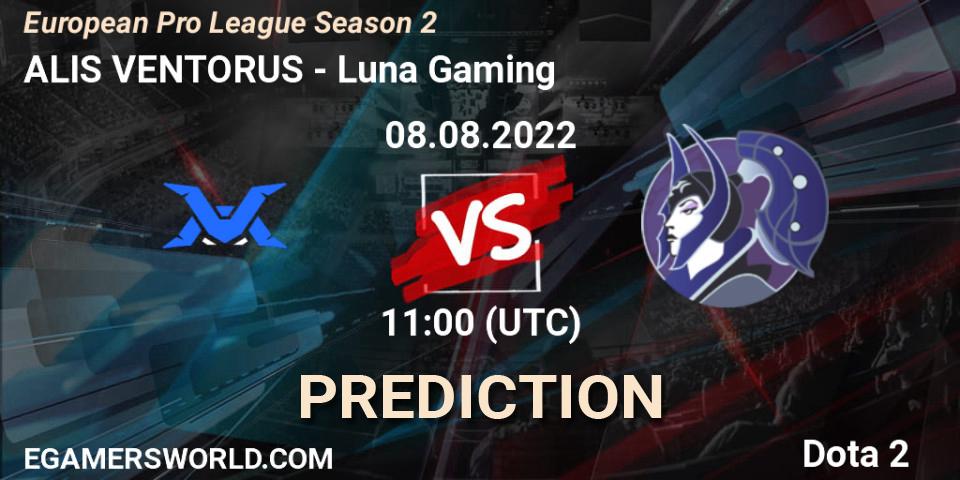 Prognose für das Spiel ALIS VENTORUS VS Luna Gaming. 08.08.2022 at 11:01. Dota 2 - European Pro League Season 2