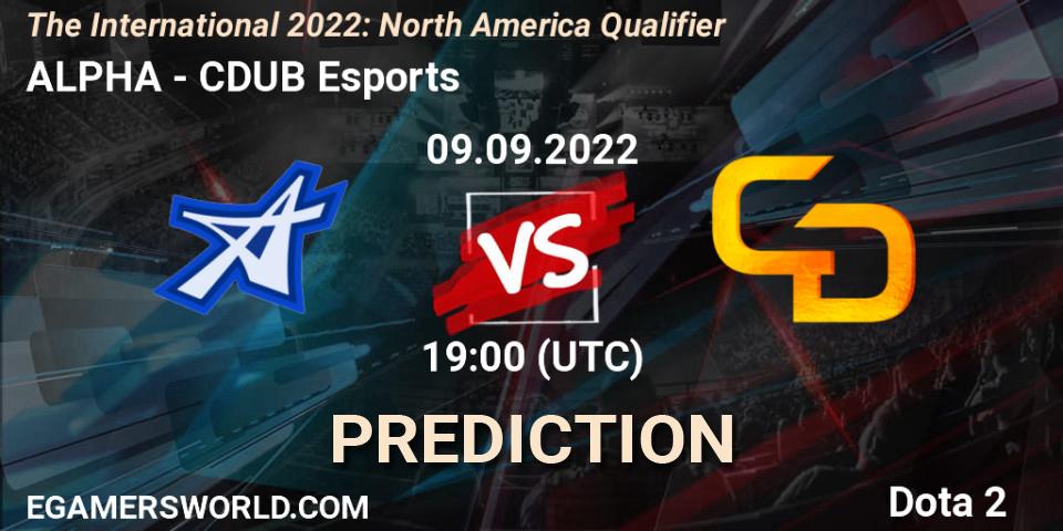Prognose für das Spiel ALPHA VS CDUB Esports. 09.09.2022 at 19:41. Dota 2 - The International 2022: North America Qualifier