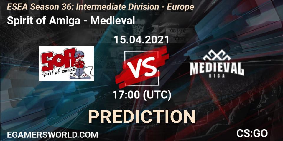 Prognose für das Spiel Spirit of Amiga VS Medieval. 15.04.2021 at 17:00. Counter-Strike (CS2) - ESEA Season 36: Intermediate Division - Europe