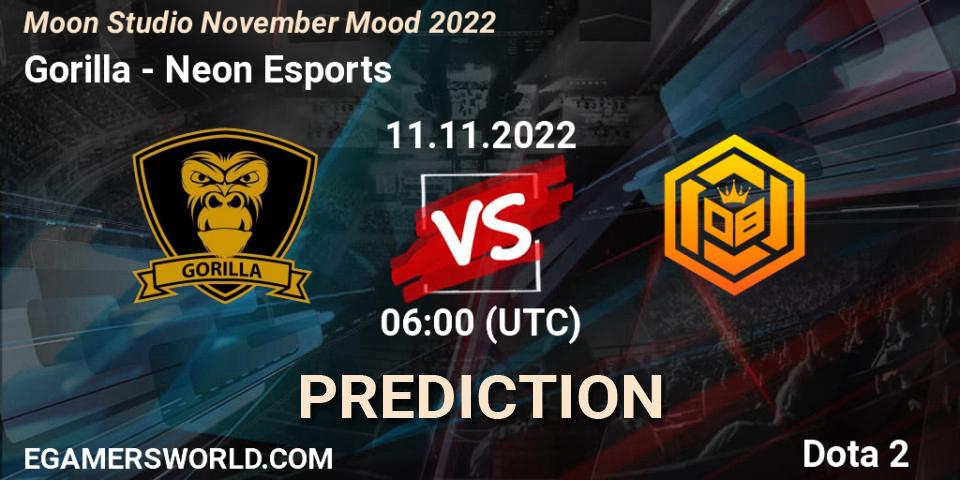 Prognose für das Spiel Gorilla VS Neon Esports. 11.11.22. Dota 2 - Moon Studio November Mood 2022