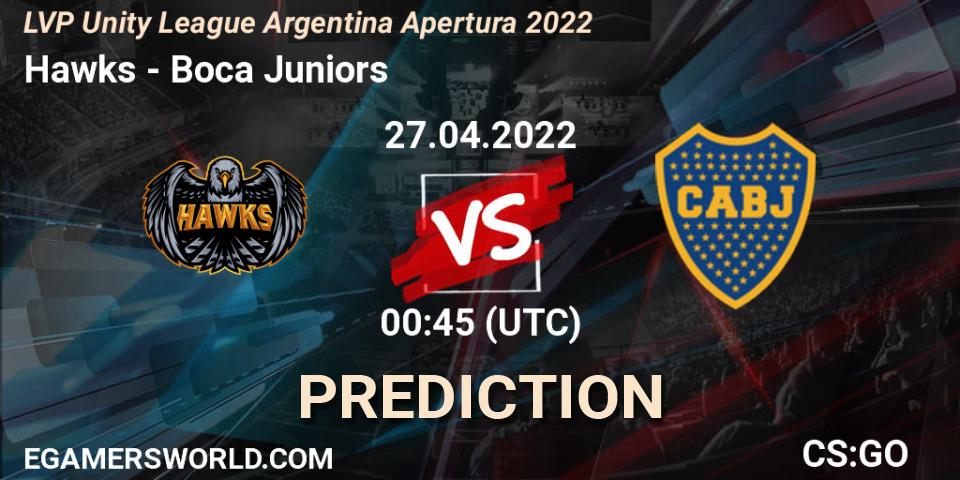 Prognose für das Spiel Hawks VS Boca Juniors. 27.04.2022 at 00:45. Counter-Strike (CS2) - LVP Unity League Argentina Apertura 2022
