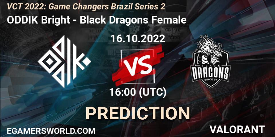 Prognose für das Spiel ODDIK Bright VS Black Dragons Female. 16.10.2022 at 16:20. VALORANT - VCT 2022: Game Changers Brazil Series 2