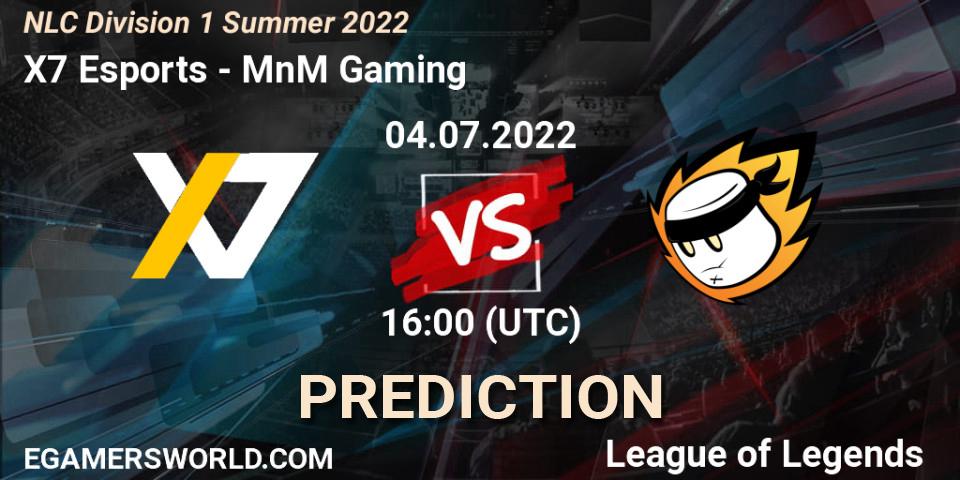 Prognose für das Spiel X7 Esports VS MnM Gaming. 04.07.2022 at 16:00. LoL - NLC Division 1 Summer 2022