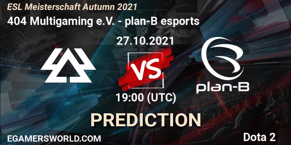 Prognose für das Spiel 404 Multigaming e.V. VS plan-B esports. 27.10.2021 at 19:01. Dota 2 - ESL Meisterschaft Autumn 2021