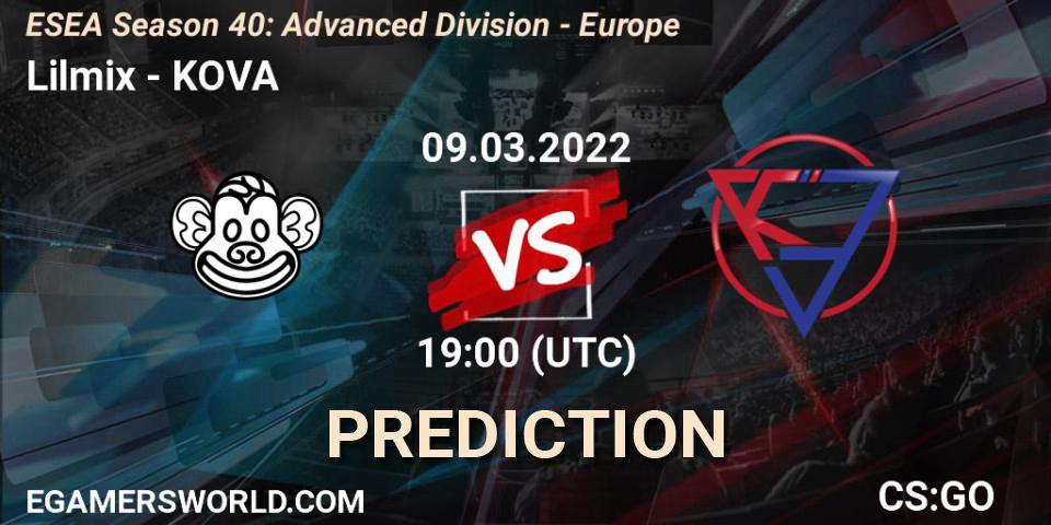 Prognose für das Spiel Lilmix VS KOVA. 10.03.2022 at 13:00. Counter-Strike (CS2) - ESEA Season 40: Advanced Division - Europe