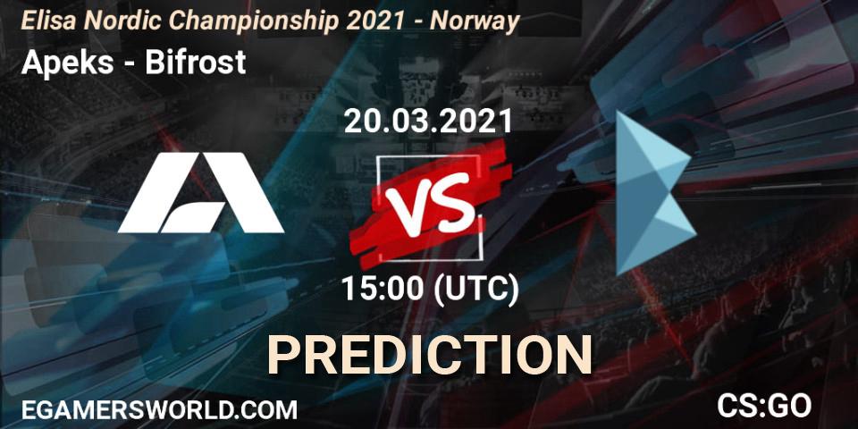 Prognose für das Spiel Apeks VS Bifrost. 20.03.2021 at 15:00. Counter-Strike (CS2) - Elisa Nordic Championship 2021 - Norway