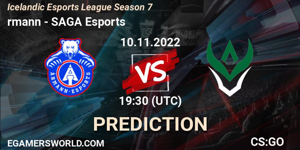 Prognose für das Spiel Ármann VS SAGA Esports. 10.11.2022 at 19:30. Counter-Strike (CS2) - Icelandic Esports League Season 7