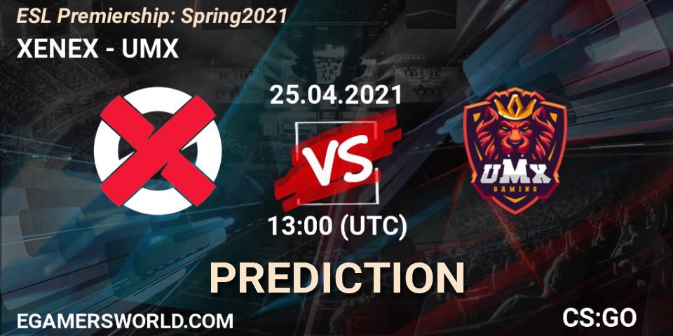 Prognose für das Spiel XENEX VS UMX. 25.04.2021 at 13:00. Counter-Strike (CS2) - ESL Premiership: Spring 2021
