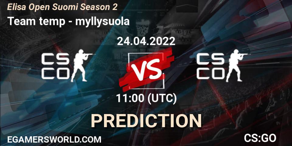 Prognose für das Spiel Team temp VS myllysuola. 24.04.2022 at 11:00. Counter-Strike (CS2) - Elisa Open Suomi Season 2