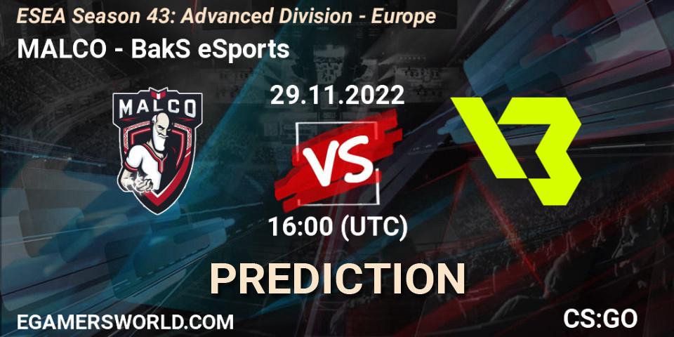 Prognose für das Spiel MALCO VS BakS eSports. 29.11.22. CS2 (CS:GO) - ESEA Season 43: Advanced Division - Europe