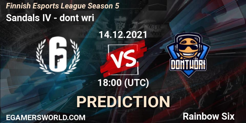 Prognose für das Spiel Sandals IV VS dont wöri. 14.12.2021 at 18:00. Rainbow Six - Finnish Esports League Season 5