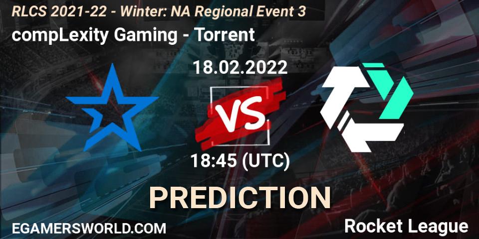 Prognose für das Spiel compLexity Gaming VS Torrent. 18.02.2022 at 18:45. Rocket League - RLCS 2021-22 - Winter: NA Regional Event 3