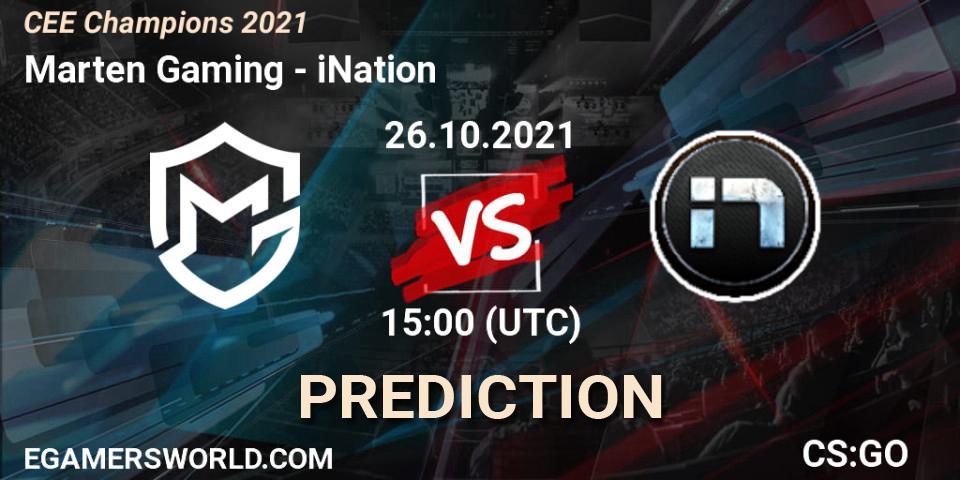 Prognose für das Spiel Marten Gaming VS iNation. 26.10.2021 at 15:00. Counter-Strike (CS2) - CEE Champions 2021