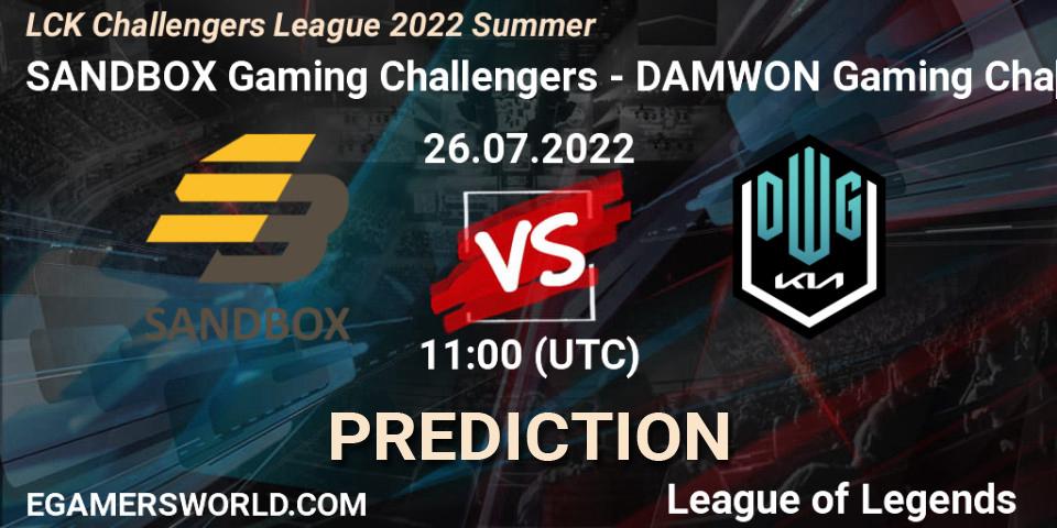 Prognose für das Spiel SANDBOX Gaming Challengers VS DAMWON Gaming Challengers. 26.07.2022 at 11:00. LoL - LCK Challengers League 2022 Summer