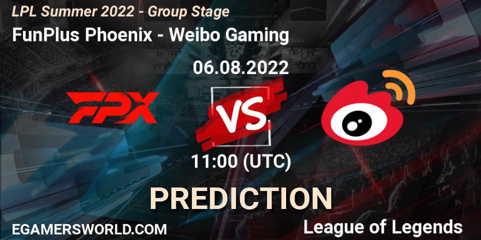 Prognose für das Spiel FunPlus Phoenix VS Weibo Gaming. 06.08.2022 at 12:00. LoL - LPL Summer 2022 - Group Stage
