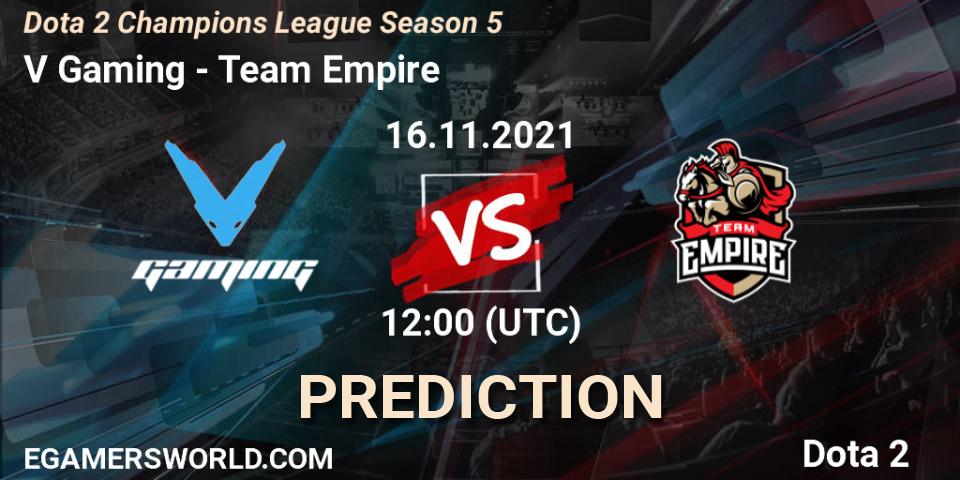 Prognose für das Spiel V Gaming VS Team Empire. 16.11.2021 at 12:03. Dota 2 - Dota 2 Champions League 2021 Season 5